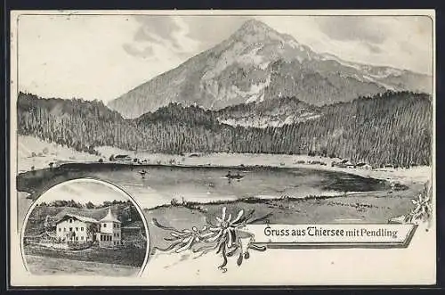 AK Thiersee, Ortspartie mit Turm, Thiersee mit Pendling