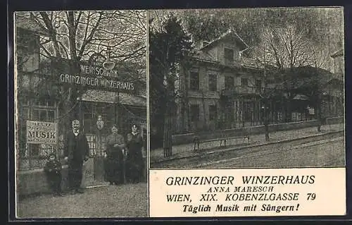 AK Wien, Grinzing, Gaststätte Grinzinger Wirtshaus, Koblenzgasse 79, mit Strasse und Wirtsleuten