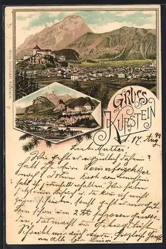 Lithographie Kufstein, Panorama mit Ort und Festung