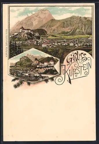 Lithographie Kufstein, Ortsansicht mit Festung, Panorama