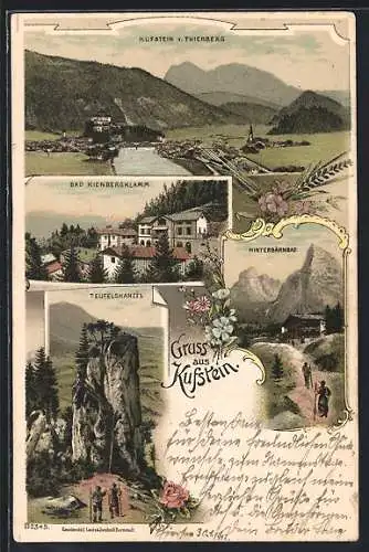 Lithographie Kufstein, Ortsansicht vom Thierberg, Bad Kienbergklamm, Hinterbärnbad, Teufelskanzel