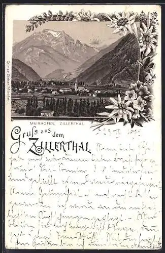 Lithographie Mairhofen /Zillerthal, Ortsansicht gegen das Gebirge