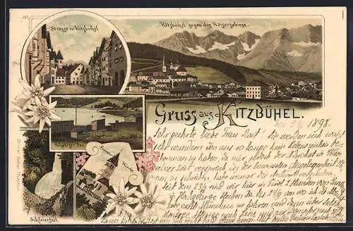 Lithographie Kitzbühel, Strasse, Frauen-Kirche, Schwarzer See