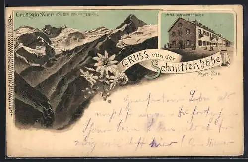 Lithographie Zell am See, Hotel Schmittenhöhe, Blick zum Grossglockner