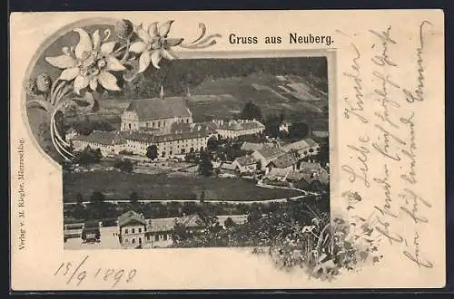 AK Neuberg an der Mürz, Ortspartie mit Bahnhof, Edelweiss