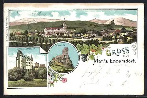 Lithographie Maria Enzersdorf, Schloss Liechtenstein, Teufelshöhe, Panorama mit Kirche