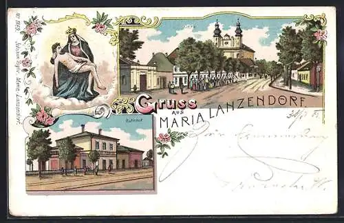 Lithographie Maria Lanzendorf, Prozession an der Kirche, Bahnhof, Pietà