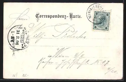 Lithographie Maria Lanzendorf, Prozession an der Kirche, Bahnhof, Pietà