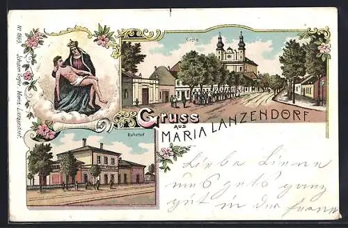 Lithographie Maria Lanzendorf, Bahnhof, Gnadenbild, Blick zur Kirche