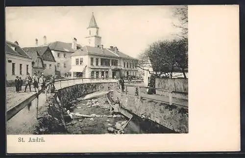 AK St. Andrä vor dem Hagenthale, Strassenpartie mit Handlung Josef Handl, Wäscherin am Fluss