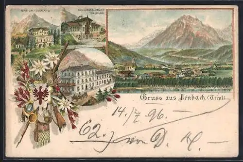 Lithographie Jenbach, Ortsansicht mit Pension Toleranz