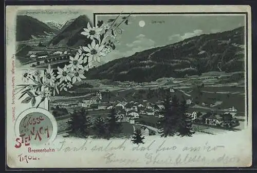 Mondschein-Lithographie Steinach a. d. Brennerbahn, Ortsansicht aus der Vogelschau, Stafflach mit Tuxner-Gruppe