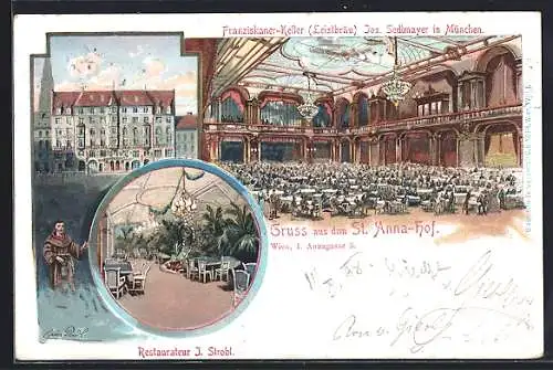 Lithographie Wien, Restaurant St. Anna-Hof Annengasse 3, Franziskaner-Keller Jos. Sedlmayer