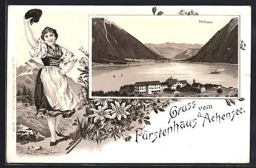 Lithographie Pertisau am Achensee, Sicht zum Fürstenhaus, Dame in Tracht