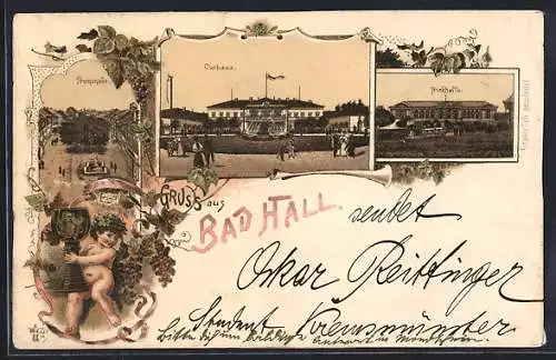 Lithographie Bad Hall, Curhaus, Promenade, Trinkhalle