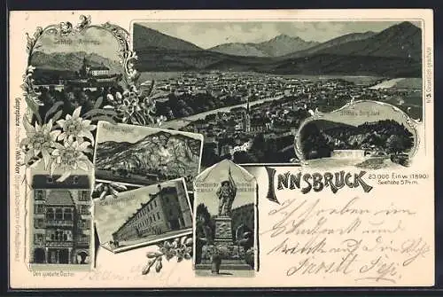 Lithographie Innsbruck, Totalansicht, Schloss Ambras, Andreas Hofer-Denkmal, K.K. Universität