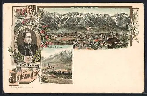 Lithographie Innsbruck, Ortsansicht vom Berg Isel, Schloss Ambras, Philippine Welser