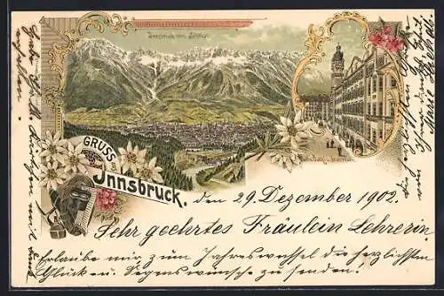 Lithographie Innsbruck, Goldenes Dachl und Stadtthurm, Blick vom Sillthal auf die Stadt