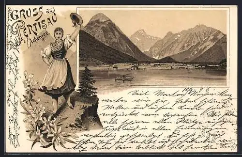 Lithographie Pertisau a. Achensee, Panorama mit See und Gebirge, Österreicherin in Tracht