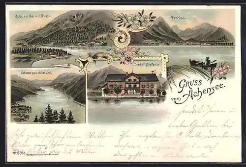 Lithographie Pertisau am Achensee, Hotel Stefanie, Scholastika mit Unütz, Ortsansicht