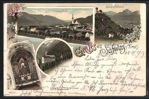 Lithographie Schwaz /Tirol, Teilansicht mit Freudenberg, St. Georgenberg