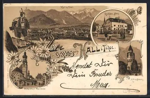 Lithographie Hall i. Tirol, Gasthaus Stern, Stadtplatz mit Pfarrkirche, Münzthurm