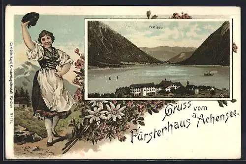 Lithographie Pertisau am Achensee, Fürstenhaus und Blick über den See, Mädel in Tracht