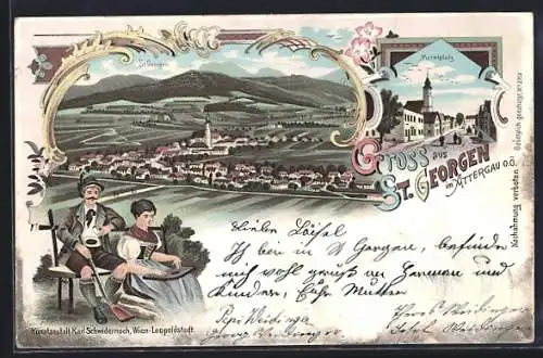 Lithographie St. Georgen im Attergau, Marktplatz, Ortsansicht mit Umgebung, Paar in Tracht