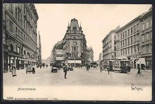 AK Wien, Alserstrasse mit Geschäften und Strassenbahn