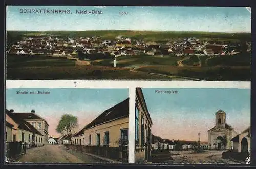 AK Schrattenberg /Nied.-Oest., Strasse mit Schule, Kirchenplatz, Totalansicht