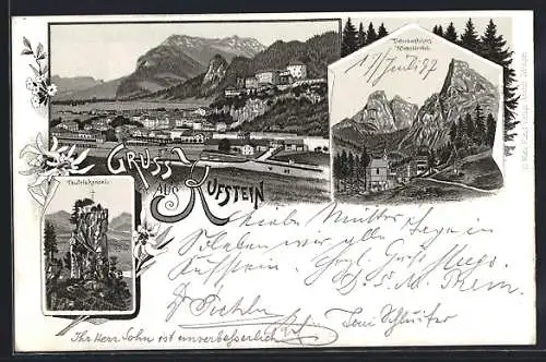 Lithographie Kufstein, Unterkunftshaus Hinterbärnbad, Teufelskanzel, Panorama mit Bahnhof und Festung