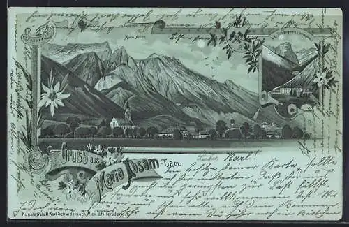 Mondschein-Lithographie Maria Absam /Tirol, K. K. Salzbergwerk (Herrenhäuser), Ortsansicht