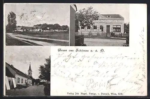 AK Schönau a. d. D., Volksschule, Strassenpartie mit Kirche