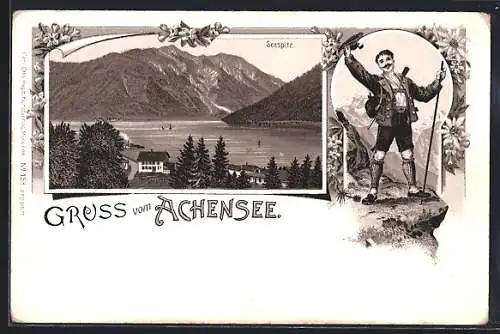 Lithographie Achenkirch, Seespitz am Achensee, Wanderer mit Stab grüsst