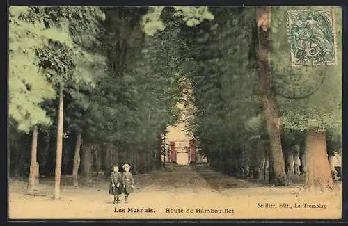 AK Les Mesnuls, Route de Rambouillet avec allée bordée d`arbres et deux enfants au premier plan