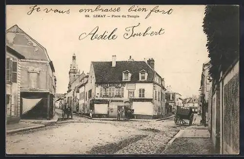 AK Limay, Place du Temple avec bâtiments et calèche