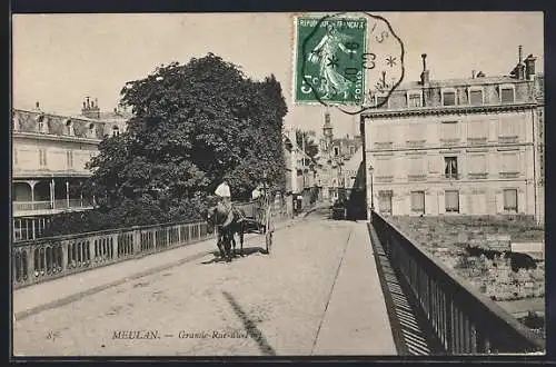 AK Meulan, Grande-Rue et pont avec charrette tirée par un cheval