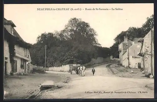 AK Neauphle-le-Château, Route de St-Germain, Le Sablon avec charrette et piétons