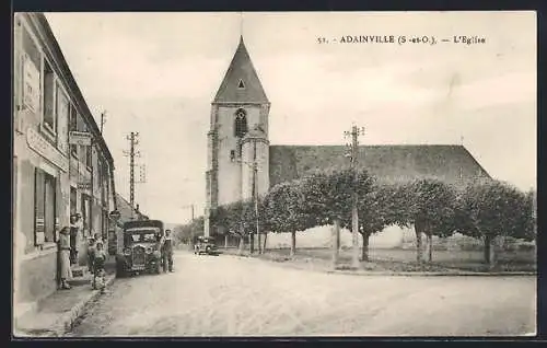 AK Adainville, L`église et la rue principale avec voitures anciennes