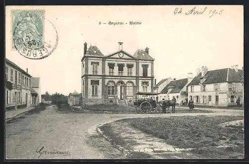 AK Orgerus, Mairie et place du village avec charrette tirée par des chevaux