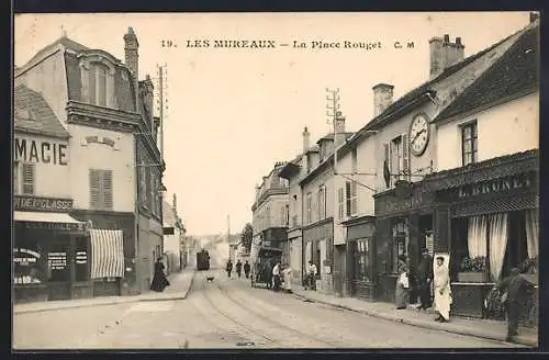 AK Les Mureaux, La Place Rouget avec tramway et commerces animés