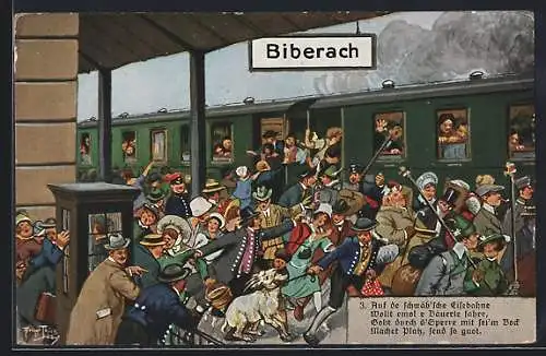 Künstler-AK Arthur Thiele: Biberach, Auf der schwäb`schen Eisenbahn, Chaos am Bahnhof