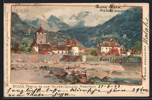 Künstler-AK Zeno Diemer: Bozen, Blick über die Talfer auf Schloss Maretsch