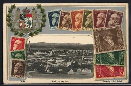 AK Simbach am Inn, Ortsansicht mit Kirchen, Briefmarken und Wappen