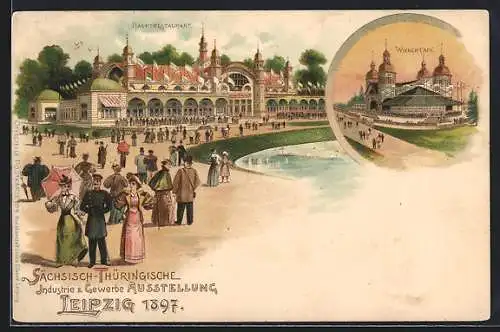 Lithographie Leipzig, Industrie- und Gewerbe-Ausstellung 1897, Hauptrestaurant, Wiener Cafe, Besucher