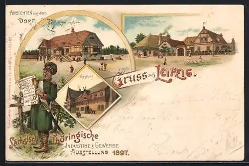 Lithographie Leipzig, Sächsisch-Thüringische Industrie- und Gewerbe-Ausstellung 1897, Gemeindehaus, Gasthof, Schmiede