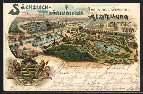 Lithographie Leipzig, Sächsisch-Thüringische Industrie- und Gewerbe-Ausstellung 1897, Wappen und Ballon