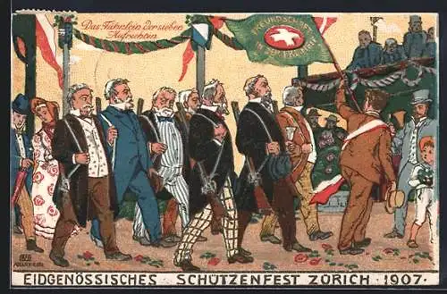 AK Zürich, Eidgenossisches Schützenfest 1907, Fähnlein d. sieben Hufrechten