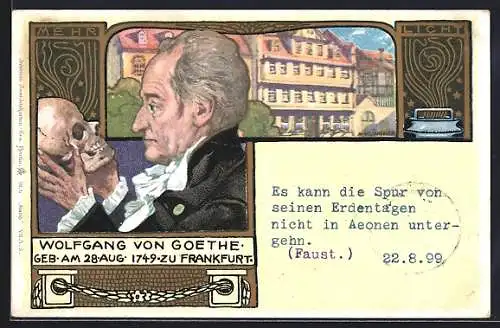 Künstler-AK A. Klingner, Portrait Wolfgang von Goethe mit Totenkopf, Hausansicht, Jugendstil