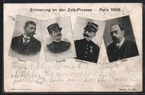 AK Paris, Erinnerung an den Zola-Prozess 1898, Bildnisse, Labori, Dreyfus, Esterhazy, Zola, Affaire Dreyfus